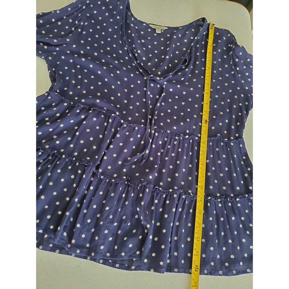 Lucky Brand Womens Navy Blue Polka Dot Tiered Babydoll Blouse Top Medium Peplum - Picture 6 of 9